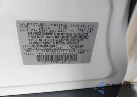 2021 Nissan Kicks Sv Xtronic Cvt из США, поврежденный, VIN 3N1CP5CV0ML539727